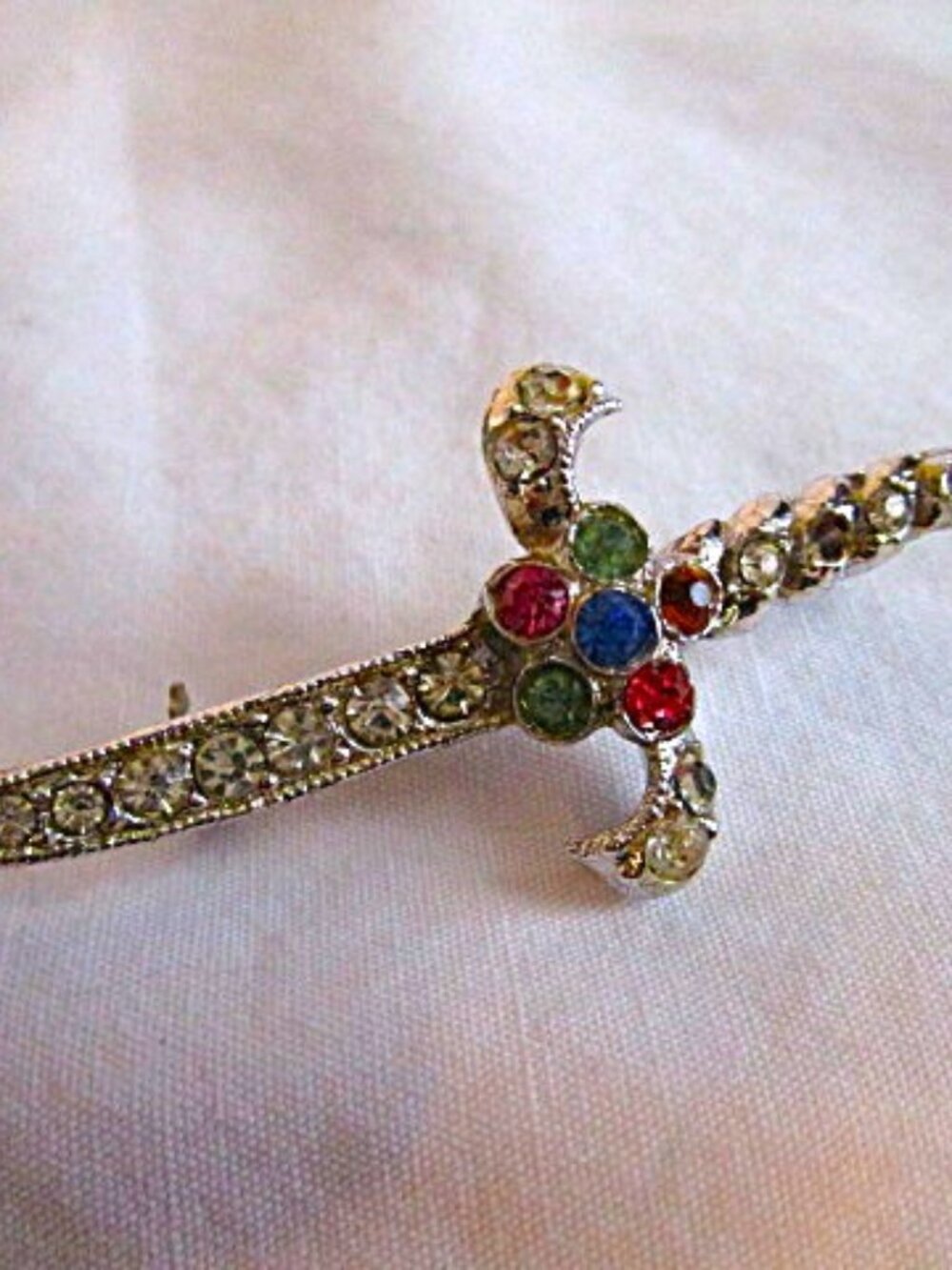 Vintage Bejeweled Sword/Sword Brooch With Rhinestones Silver tone